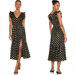 Lulus Sheer Metallic Polka Dot Ruffle Smocked Tie Cocktail Wedding Guest Dress